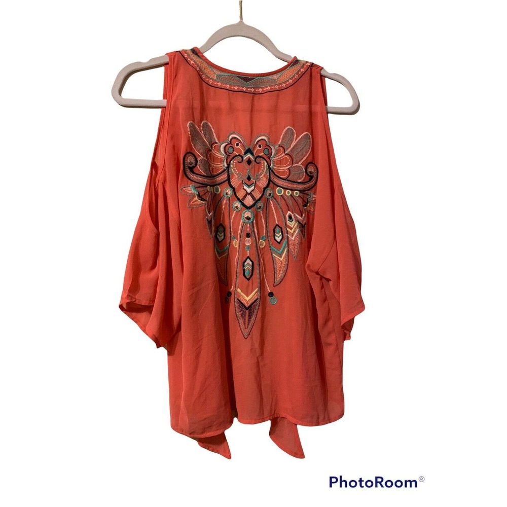 FLYING TOMATO Women’s Pink Open Shoulder Embroidered Short Sleeve Top Size Small